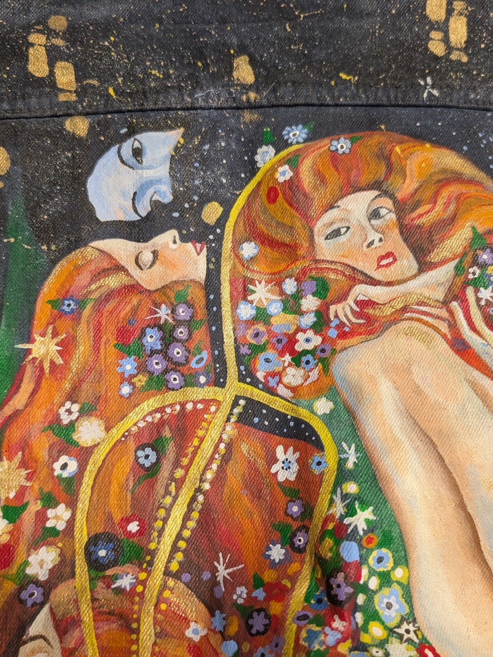 Levi's Painted Denim Jacket with Colorful Art Panel Size M Gustav Klimt Inspired - Picture 3 of 5